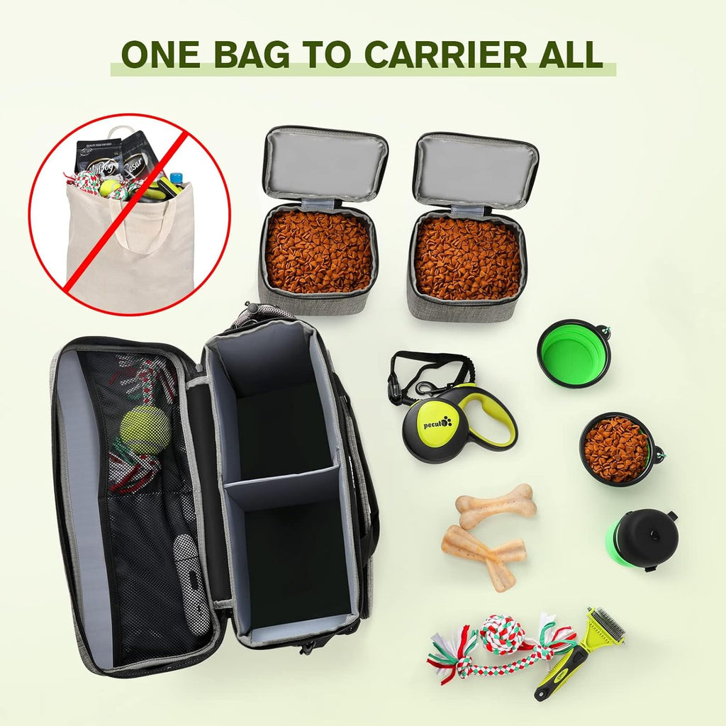 pecute Grote draagbare reistas voor honden, voor op reis, huisdier met multifunctionele zakken, draagtas voor buitengebruik, set van 2 voedselzakken + kommen