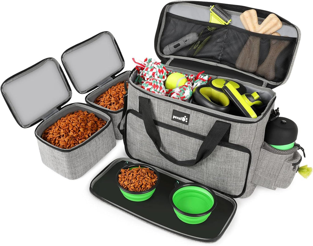 pecute Grote draagbare reistas voor honden, voor op reis, huisdier met multifunctionele zakken, draagtas voor buitengebruik, set van 2 voedselzakken + kommen